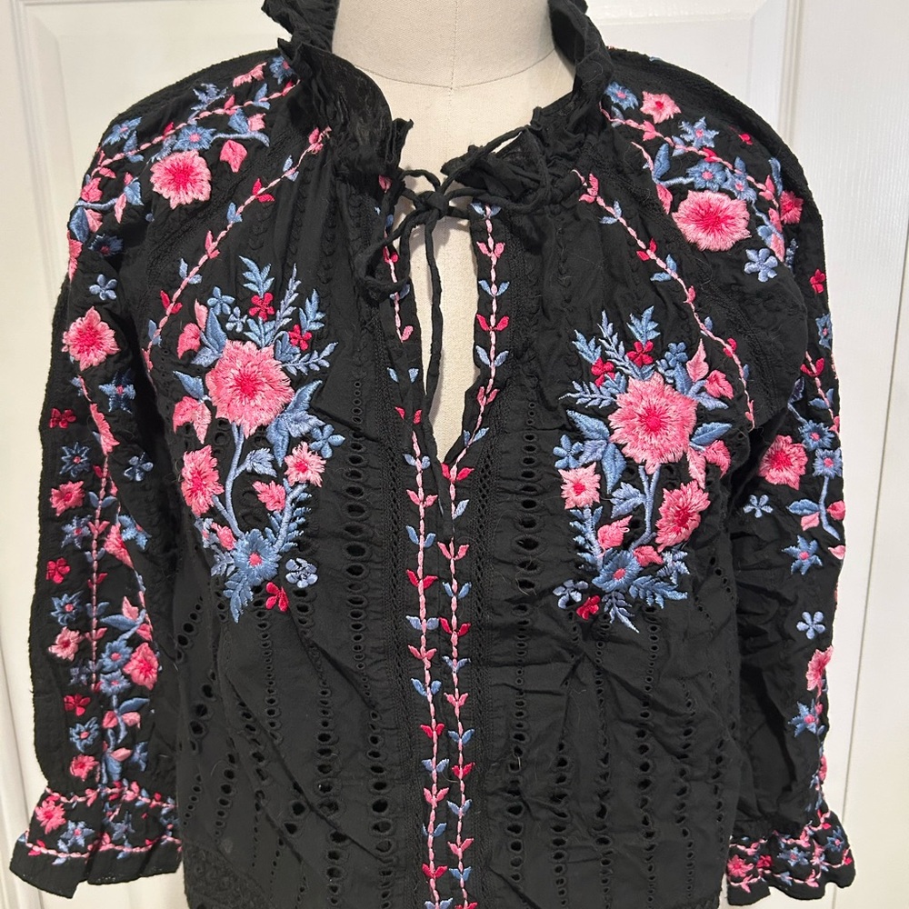 Misa Los Angeles Black Blouse with Pink and Blue Embroidery